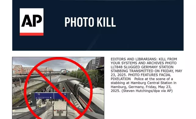 EDITORS AND LIBRARIANS: KILL FROM YOUR SYSTEMS AND ARCHIVES PHOTO LLT848 SLUGGED GERMANY STATION STABBING TRANSMITTED ON FRIDAY, MAY 23, 2025. PHOTO FEATURES FACIAL PIXELATION Police at the scene of a stabbing at Hamburg Central Station in Hamburg, Germany, Friday, May 23, 2025. (Steven Hutchings/dpa via AP)