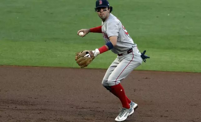 Boston Red Sox shortstop Marcelo Mayer throws to first for the out on Atlanta Braves' Austin Riley during the third inning of a baseball game, Friday, May 30, 2025, in Atlanta. (AP Photo/Butch Dill)