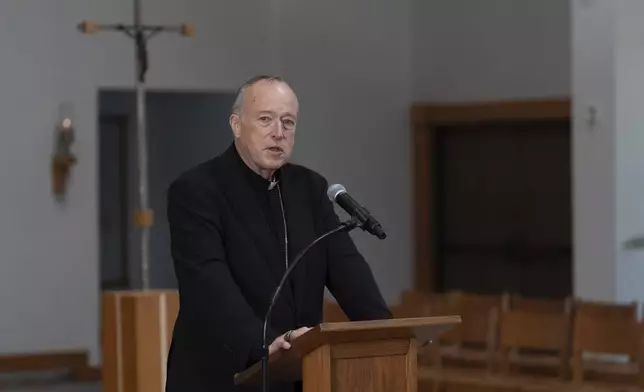 FILE - Cardinal Robert McElroy of San Diego, who was named in the previous month as the archbishop of Washington by Pope Francis, speaks during a news conference, Feb. 27, 2025, in San Diego. (AP Photo/Gregory Bull, File)