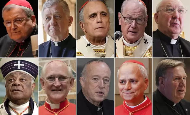 This combination of photos shows U.S. Catholic Cardinals, top row from left, Raymond Burke, Blase Cupich, Daniel DiNardo, Timothy Dolan and Kevin Farrell; bottom row from left, Wilton Gregory, James Michael Harvey, Robert McElroy, Robert Francis Prevost and Joseph Tobin. (AP Photo)