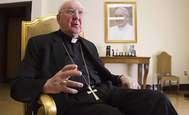 FILE - Cardinal Kevin Farrell, head of the Vatican's family and laity office, speaks during an interview in Rome, July 31, 2018. (AP Photo/Paolo Santalucia, File)