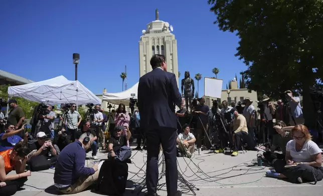 Los Angeles County District Attorney Nathan Hochman speaks outside of the courthouse after a hearing in the case of Erik and Lyle Menendez Friday, May 9, 2025, in Los Angeles. (AP Photo/Jae C. Hong)