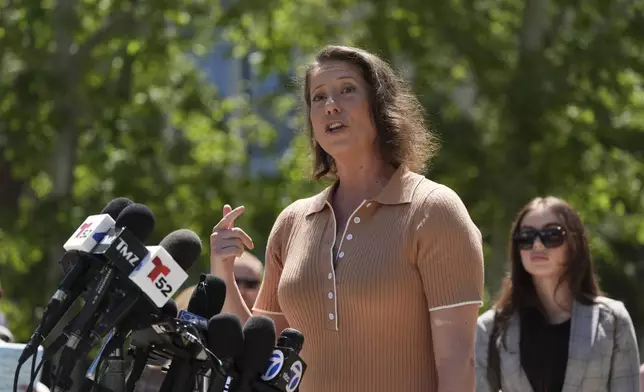 Anamaria Baralt, a cousin of Erik and Lyle Menendez, speaks after a hearing in their case at the courthouse Friday, May 9, 2025, in Los Angeles. (AP Photo/Jae C. Hong)