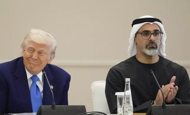 President Donald Trump and UAE President Mohammed bin Zayed Al Nahyan participate in a business roundtable at Qasr Al Watan, Friday, May 16, 2025, in Abu Dhabi, United Arab Emirates. (AP Photo/Alex Brandon)