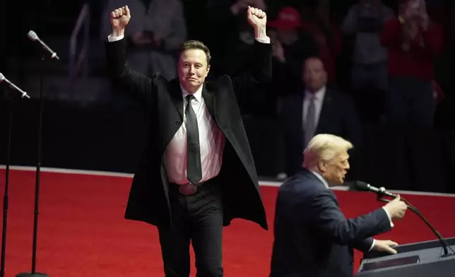 FILE - Elon Musk reacts as President-elect Donald Trump speaks at a rally ahead of the 60th Presidential Inauguration, Jan. 19, 2025, in Washington. (AP Photo/Alex Brandon, File)