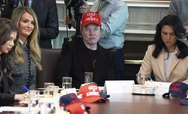 FILE - Elon Musk, center, listens as President Donald Trump speaks during a cabinet meeting at the White House, April 30, 2025, in Washington. (AP Photo/Evan Vucci, File)