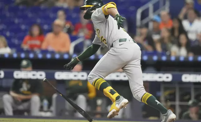 Oakland Athletics' Jacob Wilson hits a single during the fourth inning of a baseball game against the Miami Marlins, Saturday, May 3, 2025, in Miami. (AP Photo/Lynne Sladky)