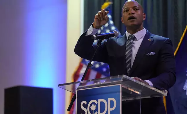 Maryland Gov. Wes Moore speaks at the South Carolina Democratic Party's Blue Palmetto Dinner Friday, May 30, 2025, in Columbia, S.C. (AP Photo/Meg Kinnard)