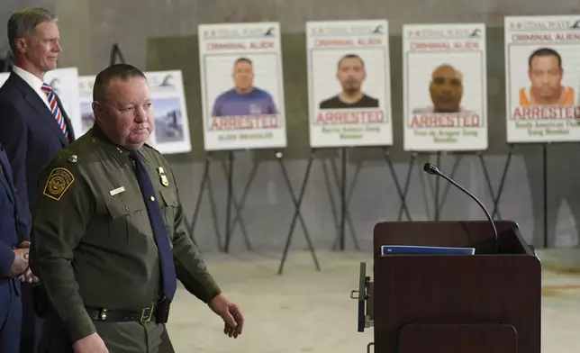 Jeffrey Dinise, chief patrol agent for the U.S. Border Patrol-Miami Sector, participates in a press conference with Gov. Ron DeSantis at the South Florida office of U.S. Immigration and Customs Enforcement and Enforcement and Removal Operations, Thursday, May 1, 2025, in Miramar, Fla. (AP Photo/Rebecca Blackwell)