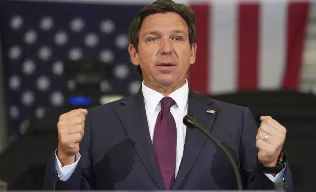 Gov. Ron DeSantis speaks during a press conference about a recent immigration enforcement operation, at the South Florida office of U.S. Immigration and Customs Enforcement and Enforcement and Removal Operations, Thursday, May 1, 2025, in Miramar, Fla. (AP Photo/Rebecca Blackwell)