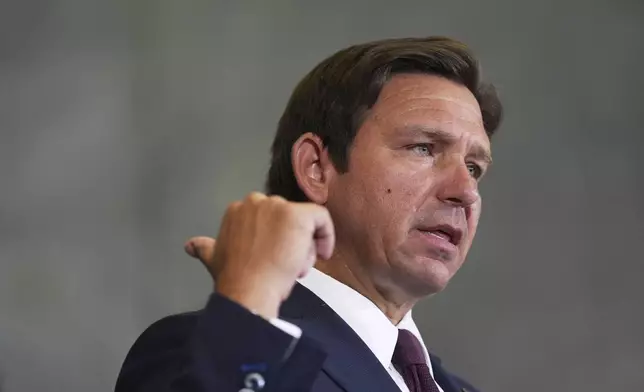 Gov. Ron DeSantis speaks during a press conference about a recent immigration enforcement operation, at the South Florida office of U.S. Immigration and Customs Enforcement and Enforcement and Removal Operations, Thursday, May 1, 2025, in Miramar, Fla. (AP Photo/Rebecca Blackwell)