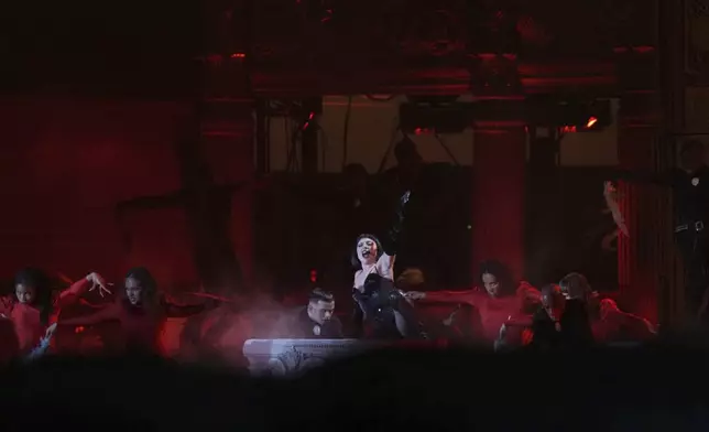 Lady Gaga performs during her free concert on Copacabana Beach in Rio de Janeiro, Saturday, May 3, 2025. (AP Photo/Silvia Izquierdo)