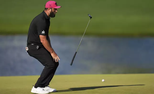 Jon Rahm, of Spain, reacts after missing a putt on the 16th hole during the final round of the PGA Championship golf tournament at the Quail Hollow Club, Sunday, May 18, 2025, in Charlotte, N.C. (AP Photo/George Walker IV)