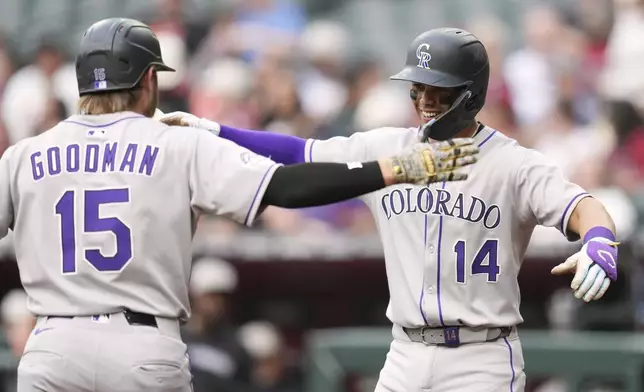 Colorado Rockies' Hunter Goodman (15) celebrates his two-run home run against the Arizona Diamondbacks with Rockies' Ezequiel Tovar (14) during the first inning of a baseball game Saturday, May 17, 2025, in Phoenix. (AP Photo/Ross D. Franklin)