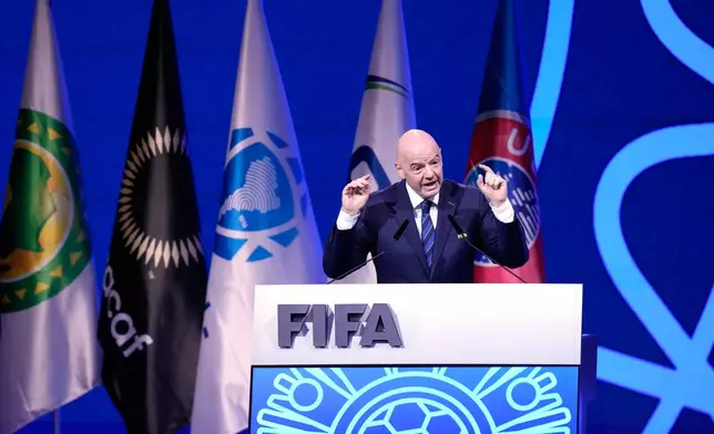 FIFA President Gianni Infantino addresse the FIFA 75th Congress at the Conmebol Convention Center in Luque, Paraguay, Thursday, May 15, 2025. (AP Photo/Fernando Calistro)