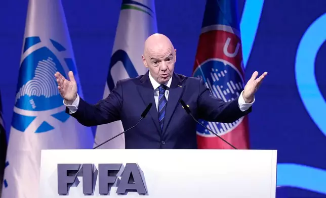 FIFA President Gianni Infantino addresses the FIFA 75th Congress at the Conmebol Convention Center in Luque, Paraguay, Thursday, May 15, 2025. (AP Photo/Fernando Calistro)