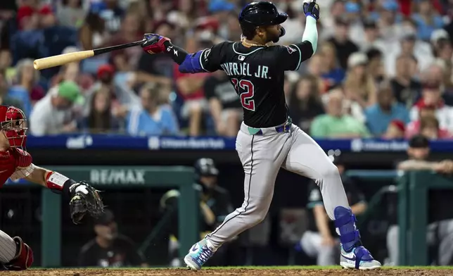 Arizona Diamondbacks' Lourdes Gurriel hits a two-run home run during the seventh inning of a baseball game against the Philadelphia Phillies, Saturday, May 3, 2025, in Philadelphia. (AP Photo/Chris Szagola)