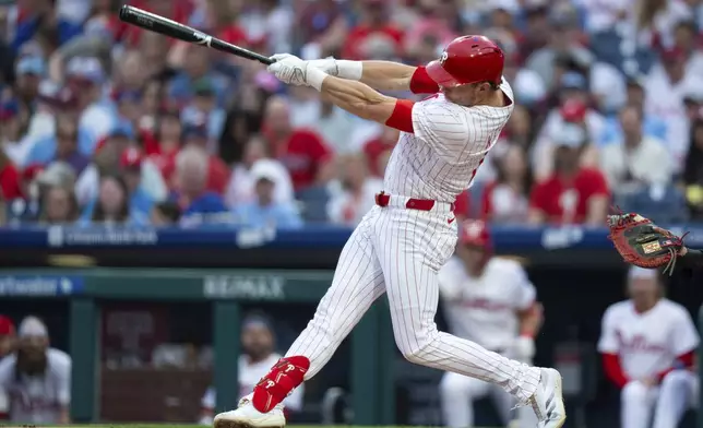 Philadelphia Phillies' Max Kepler hits a two-run home run during the second inning of a baseball game against the Arizona Diamondbacks, Saturday, May 3, 2025, in Philadelphia. (AP Photo/Chris Szagola)