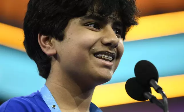 FILE - Dev Shah, 14, from Largo, Fla., competes during the Scripps National Spelling Bee finals, June 1, 2023, in Oxon Hill, Md. (AP Photo/Nick Wass, File)