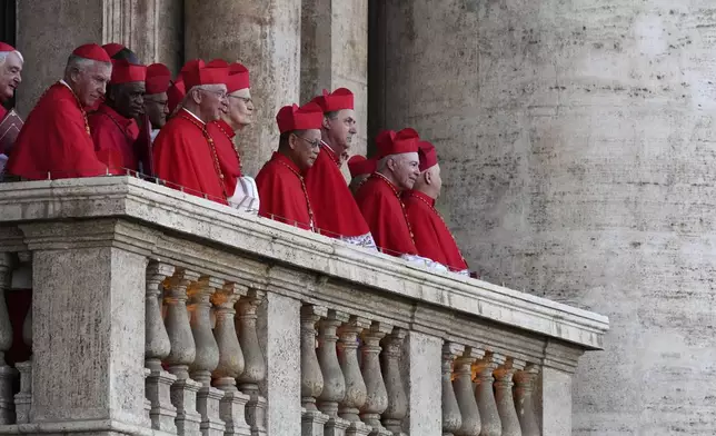 Cardinals look at St, Peter's square moments before Pope Leo XIV appeared on the balcony of St Peter's Basilica after his election, at the Vatican, Thursday, May 8, 2025. (AP Photo/Gregorio Borgia)