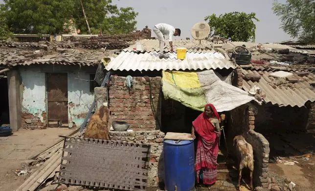 A man applies reflective paint on the roof of a house to reduce indoor heat in Ahmedabad, India, Wednesday, April 2, 2025. (AP Photo/Ajit Solanki)