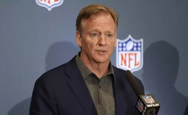 NFL Commissioner Roger Goodell speaks to the media during an NFL football owners meeting, Tuesday, May 20, 2025, in Eagan, Minn. (AP Photo/Abbie Parr)