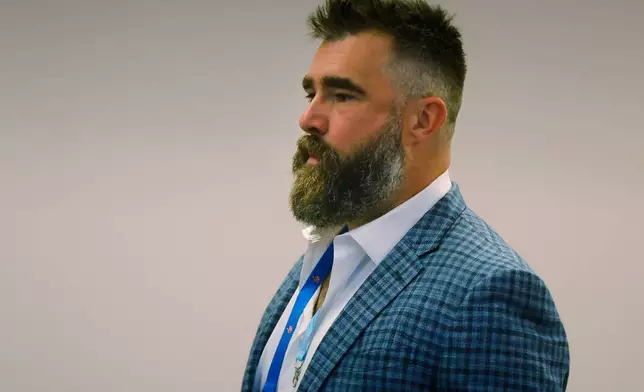 Former Philadelphia Eagles center Jason Kelce arrives at the NFL football spring owners meeting, Wednesday, May 21, 2025, in Eagan, Minn. (AP Photo/Bruce Kluckhohn)