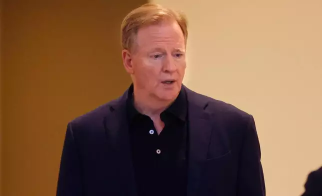 NFL commissioner Roger Goodell arrives at the NFL football owners meeting, Wednesday, May 21, 2025, in Eagan, Minn. (AP Photo/Bruce Kluckhohn)