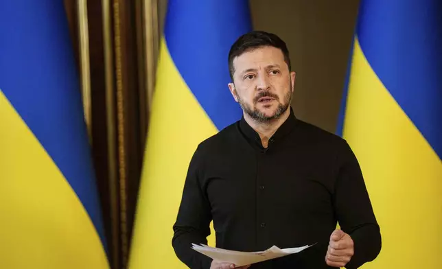 Ukrainian President Volodymyr Zelenskyy speaks to journalists during a press conference in Kyiv, Ukraine, Tuesday, May 13, 2025. (AP Photo/Evgeniy Maloletka)
