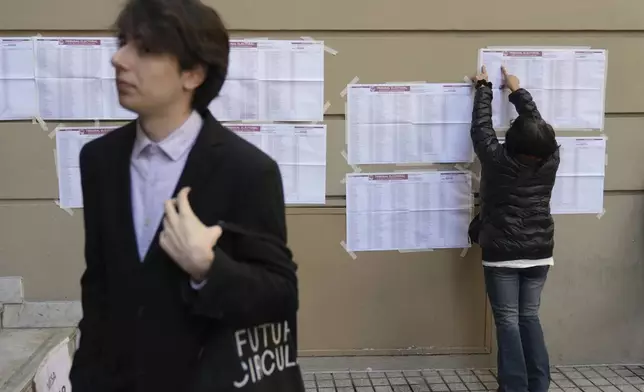 A voter checks the rolls during city legislature elections in Buenos Aires, Argentina Sunday, May 18, 2025. (AP Photo/Rodrigo Abd)