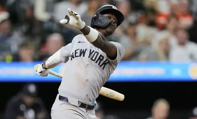 New York Yankees' Jazz Chisholm Jr. strikes out swinging during the sixth inning of a baseball game against the Baltimore Orioles, Monday, April 28, 2025, in Baltimore. (AP Photo/Stephanie Scarbrough)