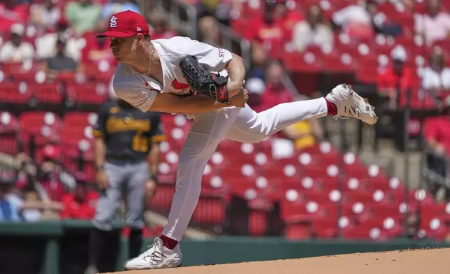 St. Louis Cardinals starting pitcher Sonny Gray throws during the first inning of a baseball game against the Pittsburgh Pirates Wednesday, May 7, 2025, in St. Louis. (AP Photo/Jeff Roberson)