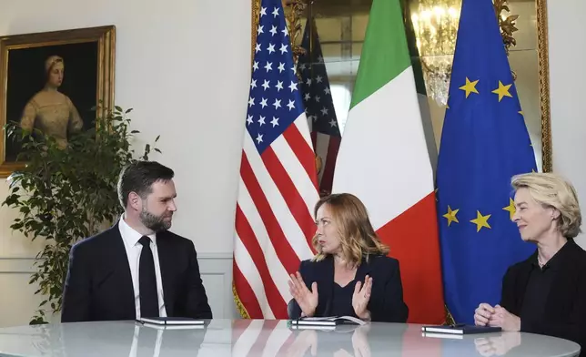From left, Vice President JD Vance, Italy's Prime Minister Giorgia Meloni and European Commission President Ursula von der Leyen meet at the Chigi Palace in Rome, Italy, Sunday, May 18, 2025. (AP Photo/Jacquelyn Martin, Pool)