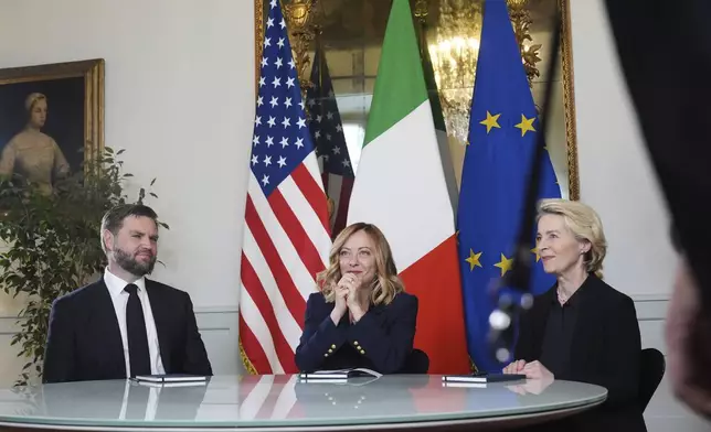 Vice President JD Vance, from left, Italy's Prime Minister Giorgia Meloni and European Commission President Ursula von der Leyen meet at the Chigi Palace in Rome, Italy, Sunday, May 18, 2025. (AP Photo/Jacquelyn Martin, Pool)