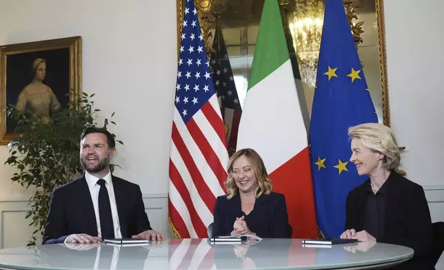 From left, Vice President JD Vance, Italy's Prime Minister Giorgia Meloni and European Commission President Ursula von der Leyen meet at the Chigi Palace in Rome, Italy, Sunday, May 18, 2025. (AP Photo/Jacquelyn Martin, Pool)