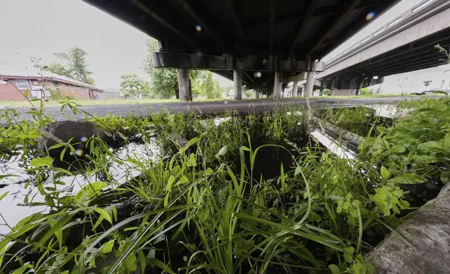 The expressway overpass that replaced of the home of the grandparents of Pope Leo XIV, is seen at the site of the former home, in the 7th Ward of New Orleans Friday, May 9, 2025. (AP Photo/Gerald Herbert)