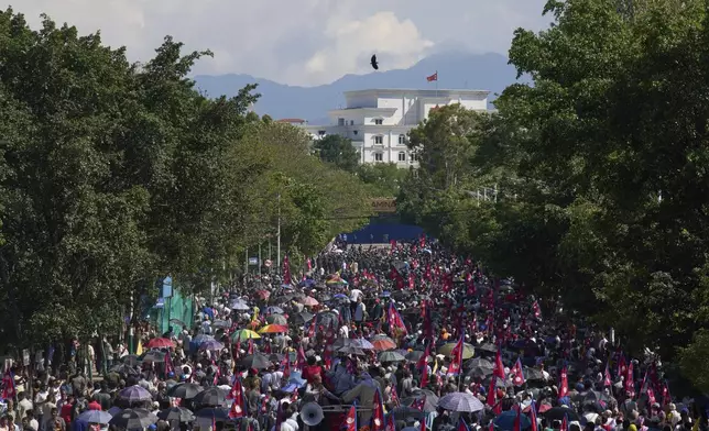 Pro-monarchy supporters take part in a rally calling for the restoration of Nepal's monarchy in Kathmandu, Nepal, Thursday, May 29, 2025. (AP Photo/Niranjan Shrestha)