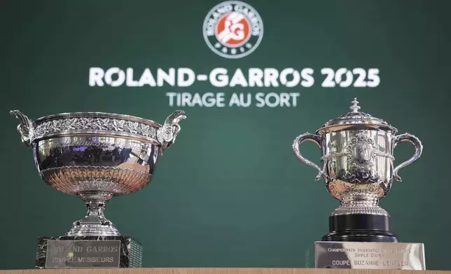 The men's, left, and women's trophies are displayed during the draw of French Open tennis tournament, Thursday, May 22, 2025 at the Roland Garros stadium in Paris. (AP Photo/Christophe Ena)
