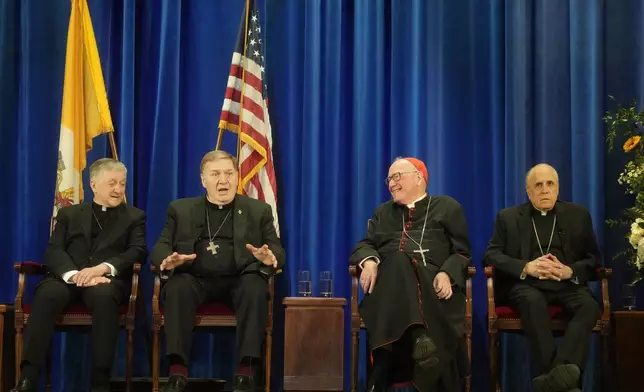 From left, U.S. Cardinals Blase Cupich of Chicago, Joseph Tobin of Newark, Timothy Dolan of NY, and Daniel Di Nardo, archbishop emeritus of Galveston Houston, attend a press conference at the North American College in Rome, Friday, May 9, 2025, one day after U.S. Cardinal Robert Francis Prevost was elected Pope Leo XIV. (AP Photo/Gregorio Borgia)