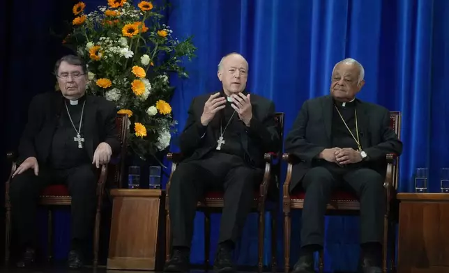From left, U.S. Cardinals, Christophe Pierre, apostolic nuncio to the USA, Robert McElroy of Washington, and Wilton Gregory, archbishop emeritus of Washington, attend a press conference at the North American College in Rome, Friday, May 9, 2025, one day after U.S. Cardinal Robert Francis Prevost was elected Pope Leo XIV. (AP Photo/Gregorio Borgia)
