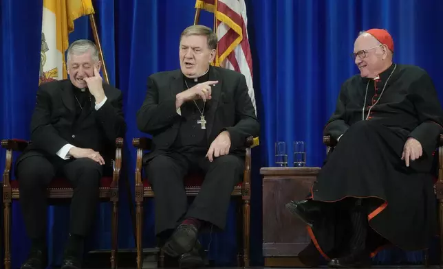 From left, U.S. Cardinals, Blase Cupich of Chicago, Joseph Tobin of Newark, and Timothy Dolan of NY, attend a press conference at the North American College in Rome, Friday, May 9, 2025, one day after U.S. Cardinal Robert Francis Prevost was elected Pope Leo XIV. (AP Photo/Gregorio Borgia)