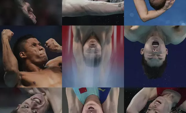 This combination photo, from top left to bottom, shows Juan Manuel Celaya Hernandez of Mexico, Cassiel Rousseau of Australia, Elisa Pizzini of Italy, Luis Felipe Uribe Bermudez of Columbia, Cheng Zilong of China, Wang Zongyuan of China Gwendal Bisch of France, Chen Yuxi of China and Andrea Spendolini Sirieix of Britain compete in the Diving World Cup Super Final held at the Water Cube in Beijing on May 3 and 4, 2025. (AP Photo/Andy Wong)