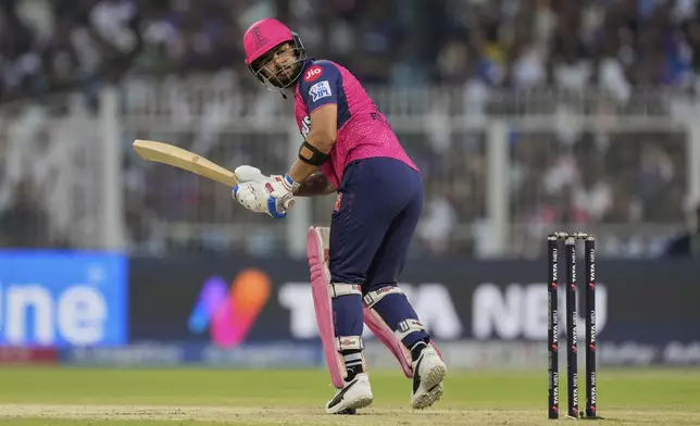 Rajasthan Royals' captain Riyan Parag bats during the Indian Premier League cricket match between Kolkata Knight Riders and Rajashtan Royals at Eden Gardens in Kolkata, India, Sunday, May 4, 2025. (AP Photo/Bikas Das)