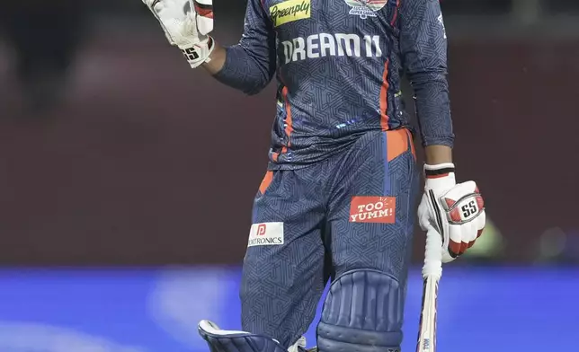 Lucknow Super Giants' Ayush Badoni celebrates after scoring fifty runs during the Indian Premier League cricket match between Lucknow Super Giants and Punjab Kings at Himachal Pradesh Cricket Association Stadium in Dharamshala, India, Sunday, May 4, 2025. (AP Photo/Ashwini Bhatia)
