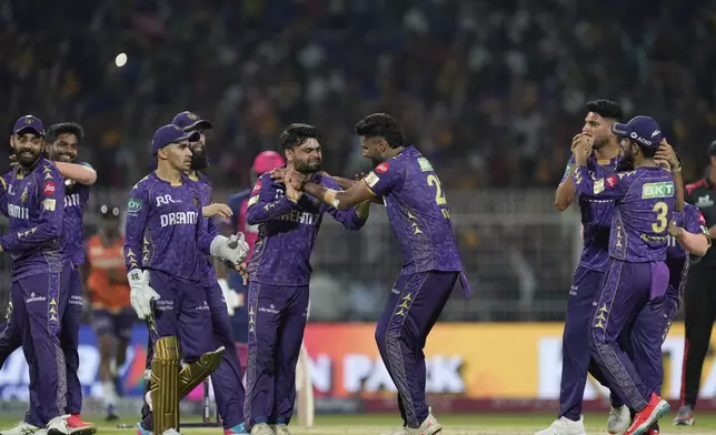 Kolkata Knight Riders players celebrate after winning the Indian Premier League cricket match against Rajashtan Royals at Eden Gardens in Kolkata, India, Sunday, May 4, 2025. (AP Photo/Bikas Das)