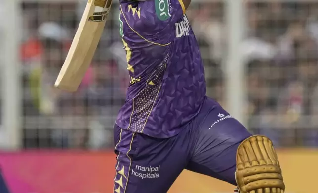 Kolkata Knight Riders' Andre Russell bats during the Indian Premier League cricket match between Kolkata Knight Riders and Rajashtan Royals at Eden Gardens in Kolkata, India, Sunday, May 4, 2025. (AP Photo/Bikas Das)