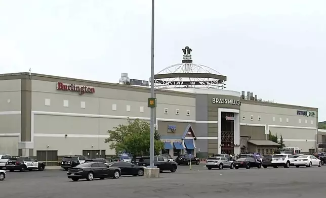 This still image made from video provided by WFSB-TV shows the exterior of the Brass Mill Center in Waterbury, Conn., May 27, 2025. (WFSB-TV via AP)