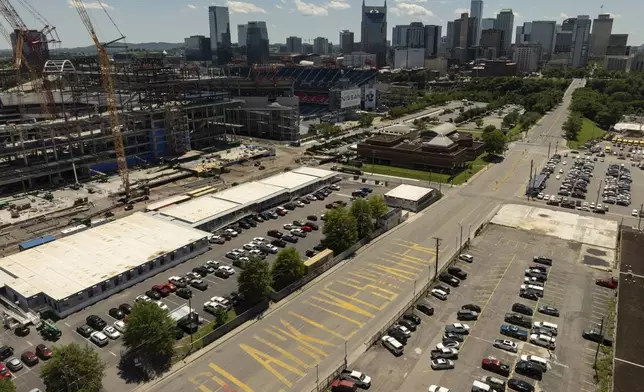 A Black Lives Matter mural painted by Thaxton Waters II is seen in an aerial view on Thursday, May 22, 2025, in Nashville, Tenn. (AP Photo/Kevin Wurm)