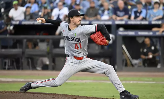 Minnesota Twins pitcher Joe Ryan throws during the third inning of a baseball game against the Tampa Bay Rays Tuesday, May 27, 2025, in Tampa, Fla. (AP Photo/Jason Behnken)