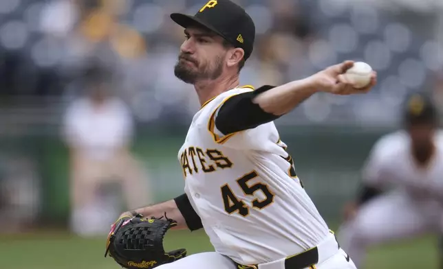 Pittsburgh Pirates pitcher Andrew Heaney delivers during the first inning of a baseball game against the San Diego Padres in Pittsburgh, Sunday, May 4, 2025. (AP Photo/Gene J. Puskar)